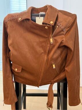 Ramy Brook Brown Suede Moto Jacket with Braid Detail